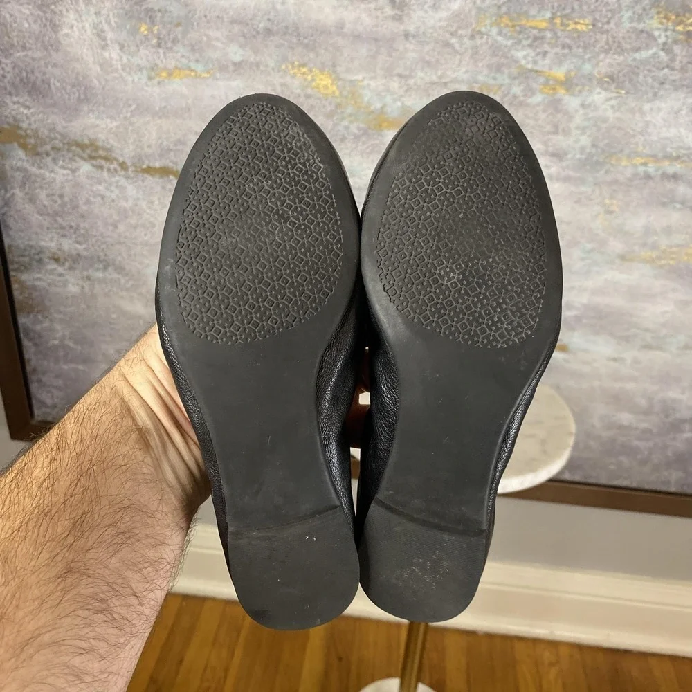 Tory Burch Ballet Flat Shoes Womens Size 7 Black Leather Logo Slip On Round Toe